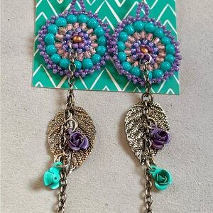 Purple and Turquoise Beaded Rose Dangle Earrings